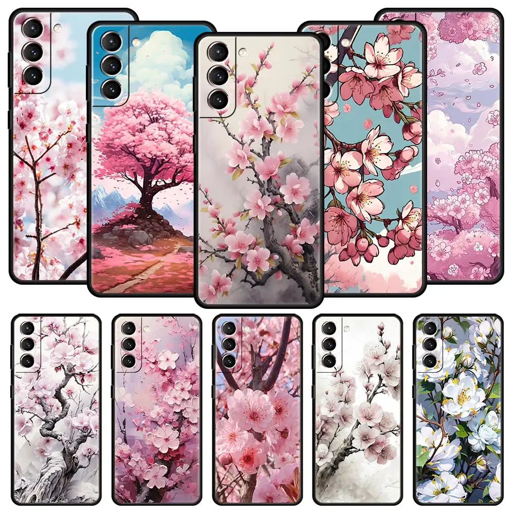 Cherry Blossom Tree Phone Case For Samsung Galaxy S25 S24 S23 FE S22 Ultra S20 S21 5G S10 Plus S10E Soft Black Cover