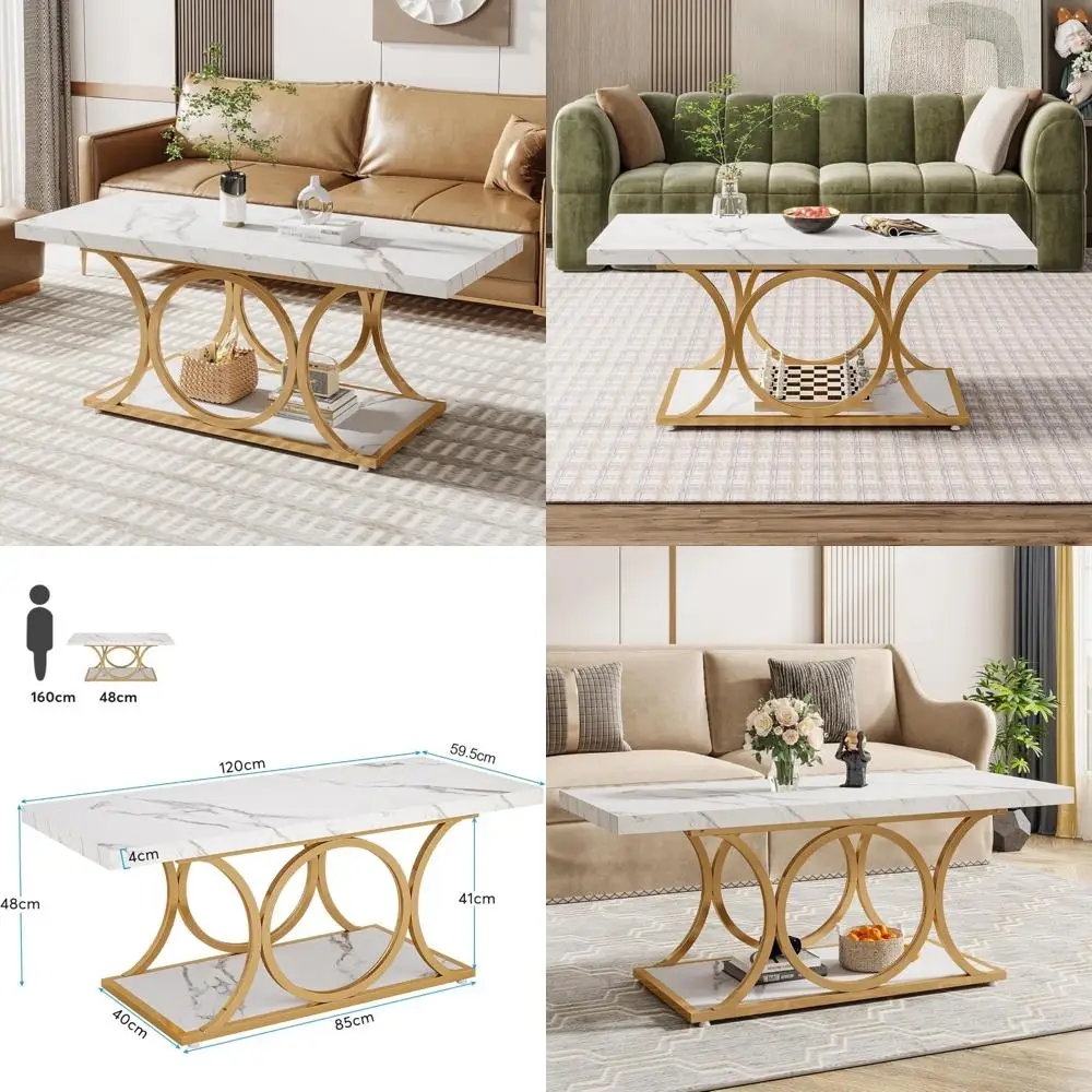 طاولة قهوة مستطيلة حديثة مقاس 46.45 بوصة لغرفة المعيشة - تصميم من خشب الرخام الصناعي بطبقتين مع لمسات هندسية