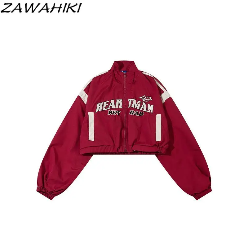 Jackets for Women Y2K Designed Fashion Letter Print Patchwork Contrast Color High Waist Red Streetwear Zipper Vintage Casual Top