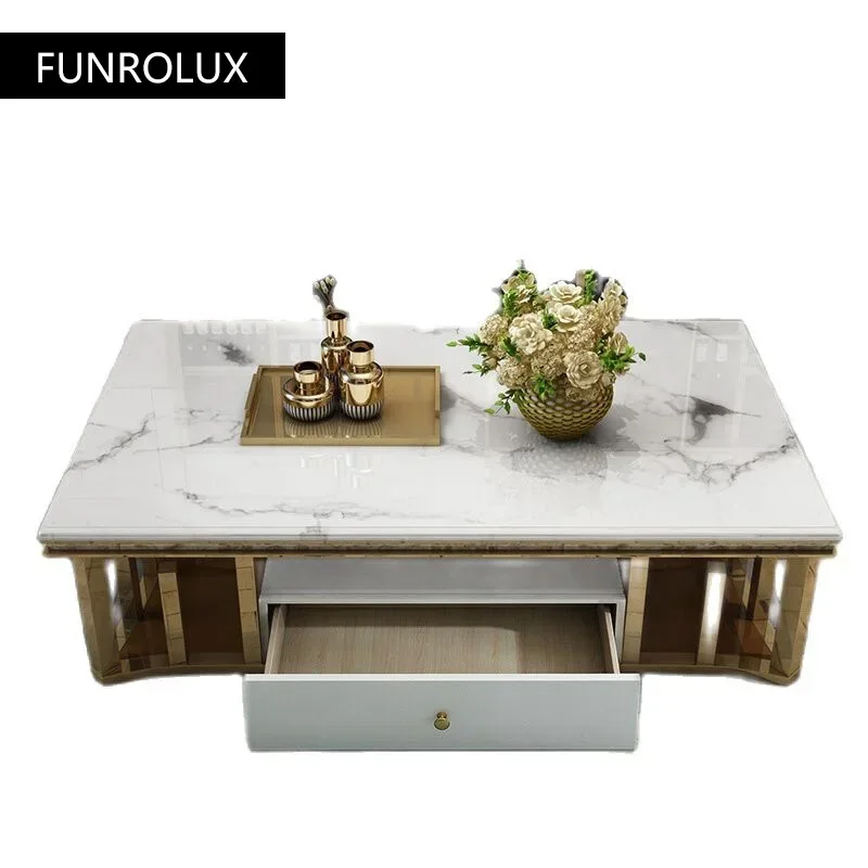 Modern marble coffee table TV cabinet combination post-modern room stainless steel rectangular tea table bench