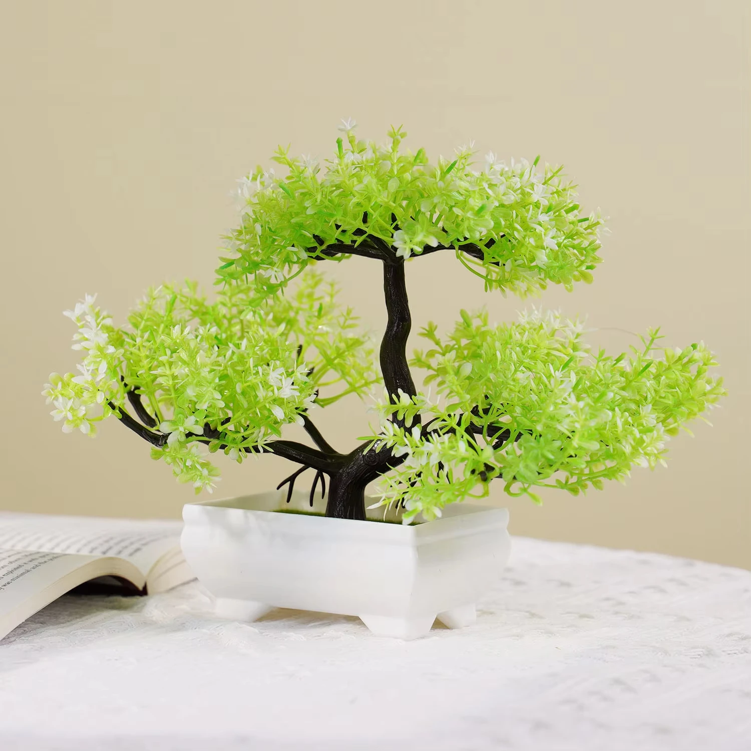 Assorted Colors Bonsai Tree Faux Mini Pine Plant in White Pot Decorative Table Top Fake Plants for Bedroom Living Room Decoration