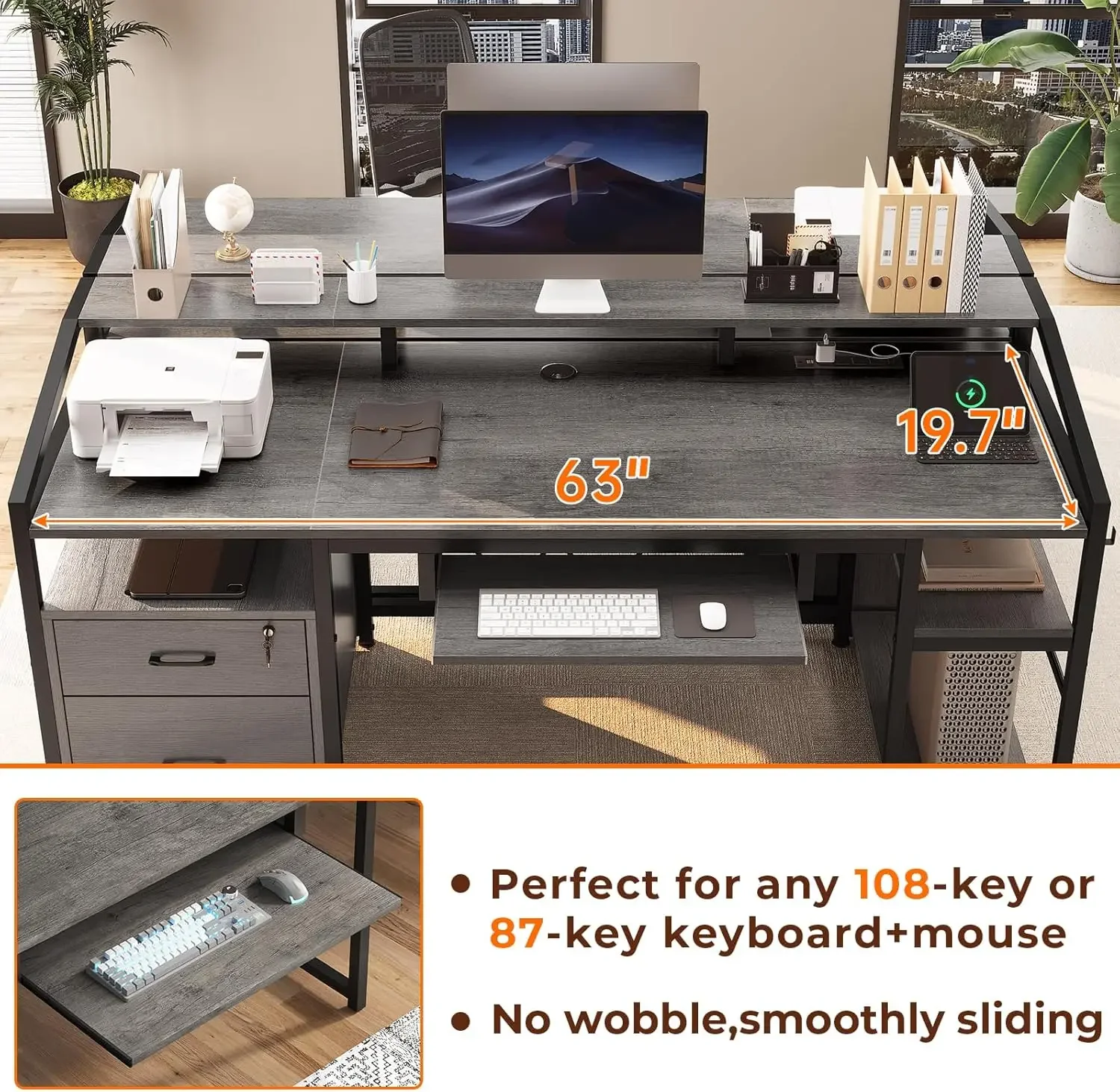 SEDETA 63" Computer Desk, Office Desk with Lockable Drawers for Legal/Letter File, Gaming Desk with LED Lights & Power Outlet