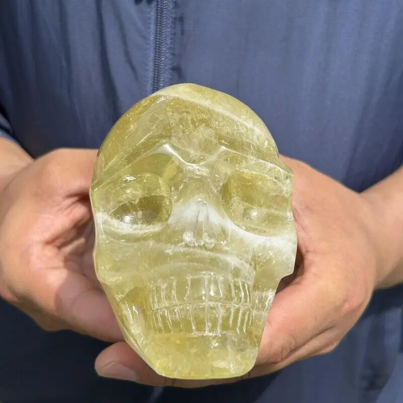 

Beautiful Natural yellow quartz crystal hand Carved skull home decoration Gift