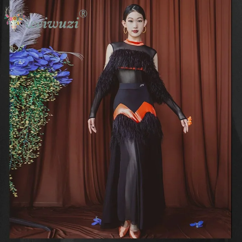 Women Luxury Modern Dance Performance Costume Long Sleeves Large Swing Skirt Adult Waltz Foxtrot Tango Ballroom Dancing Clothing