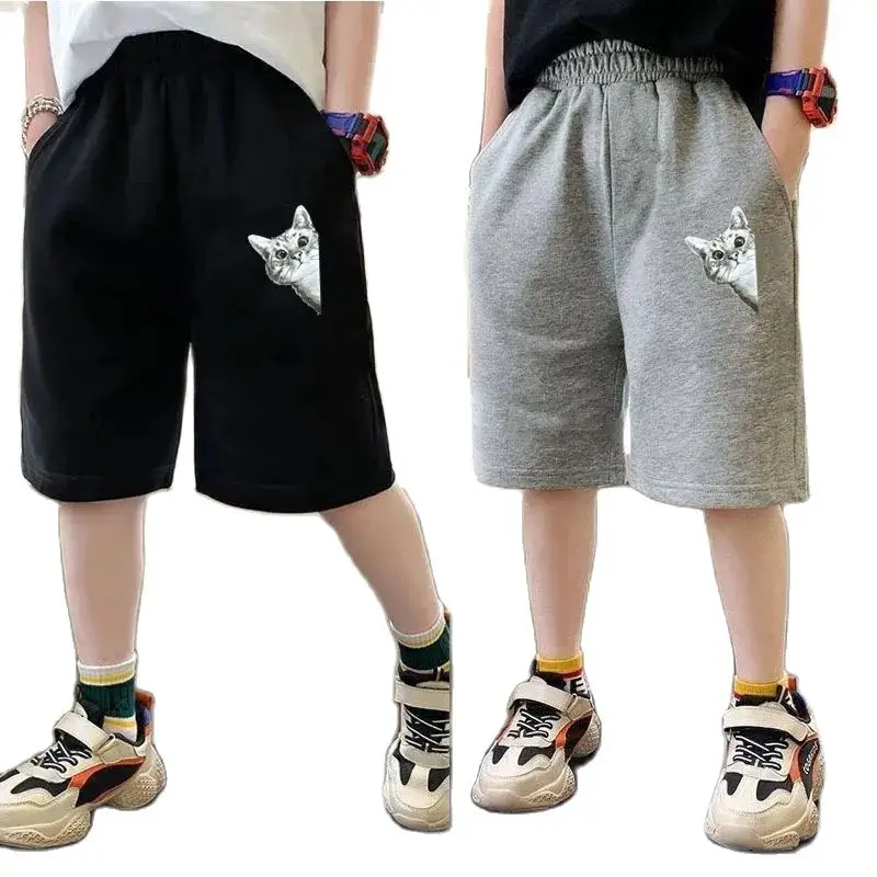 2023 Children Summer Shorts Cotton Elastic Waist Short Sweatpants for Boys Cute Cat Print Sports Pants Toddler Kids Half Pants