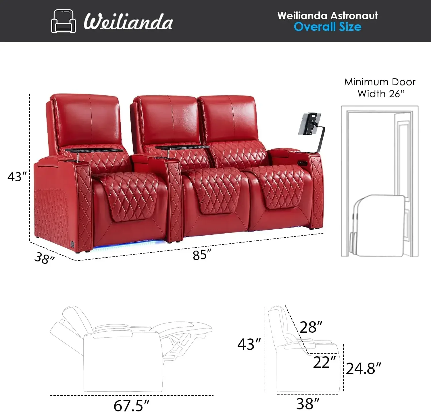 Zero Gravity Home Theater Seating Top Grain Leather Recliner Sofa Power Headrest Footrest with Carbon Fiber Tray Table