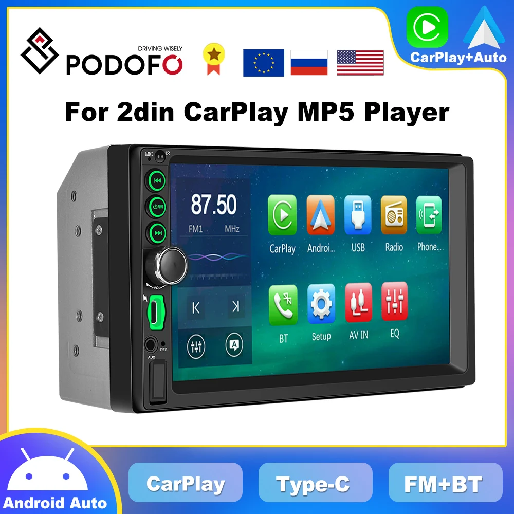 

Podofo 2din CarPlay MP5 Player 7" Car Radio Android Auto Head Unit FM Stereo Receiver Type-C Autoradio 2 din Multimedia Player