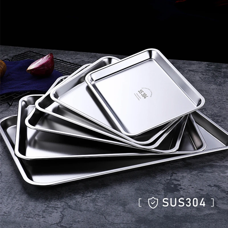 304 Thicked Stainless Steel Food Storage Tray Rectangle Oven Cake Bread Plate Flat Bottom Dishes Kitchen Tools