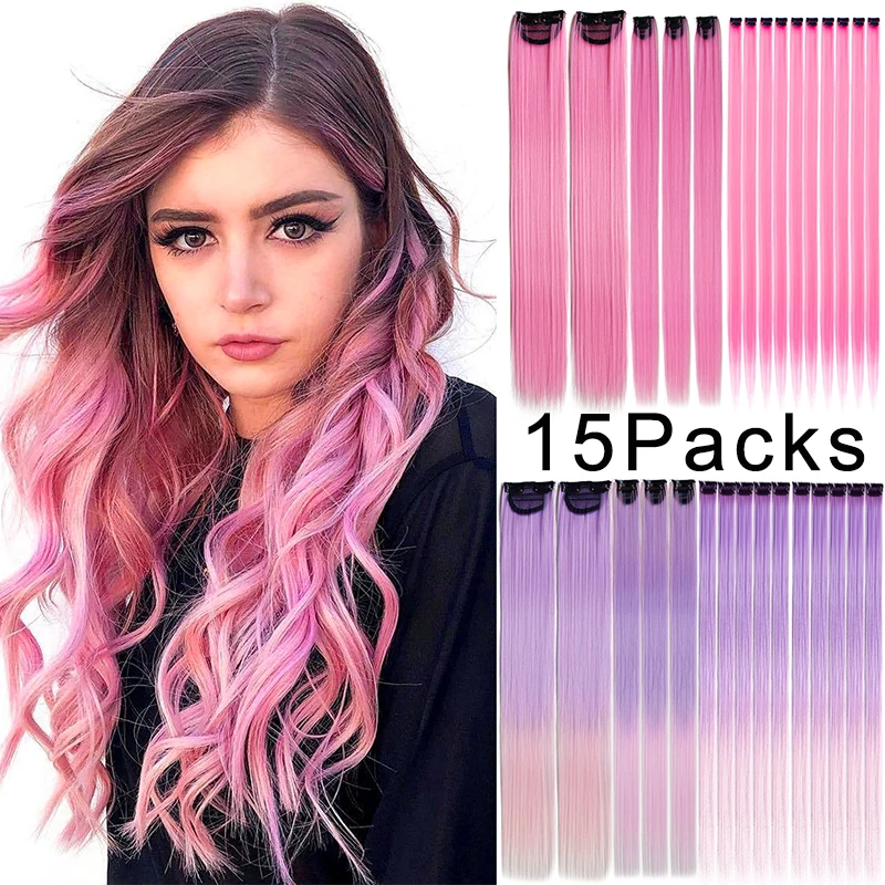 

15 PCS Colored Hair Extensions Synthetic Straight Hair Extensions Clip in Hair Accessories for Girls Women Party Highlights Hair