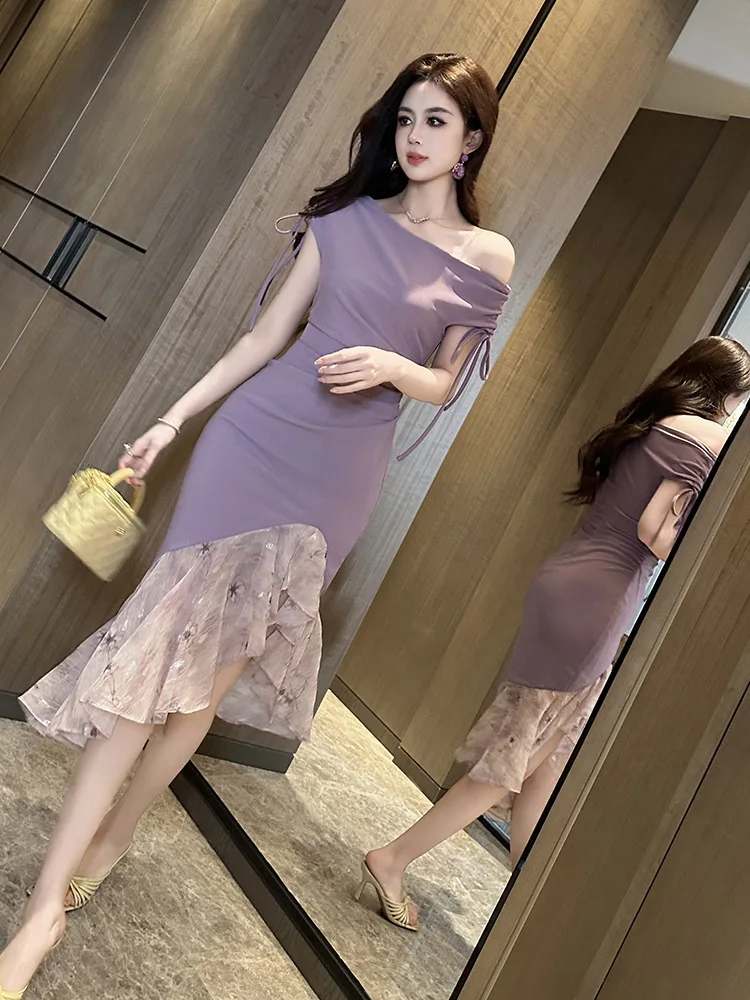 A-Leibniz レディース ドレス セクシー パープル フィッシュテール ドレス フォーマル パーティー イブニング ドレス 結婚式 宴会 ドレス 51329