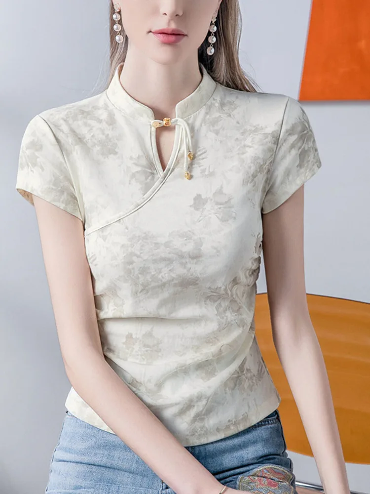 

Chinese Style Printed Stand Collar Button Up T-Shirt For Short Sleeved 2025 Summer New Fashionable Hollow Out Women's Top