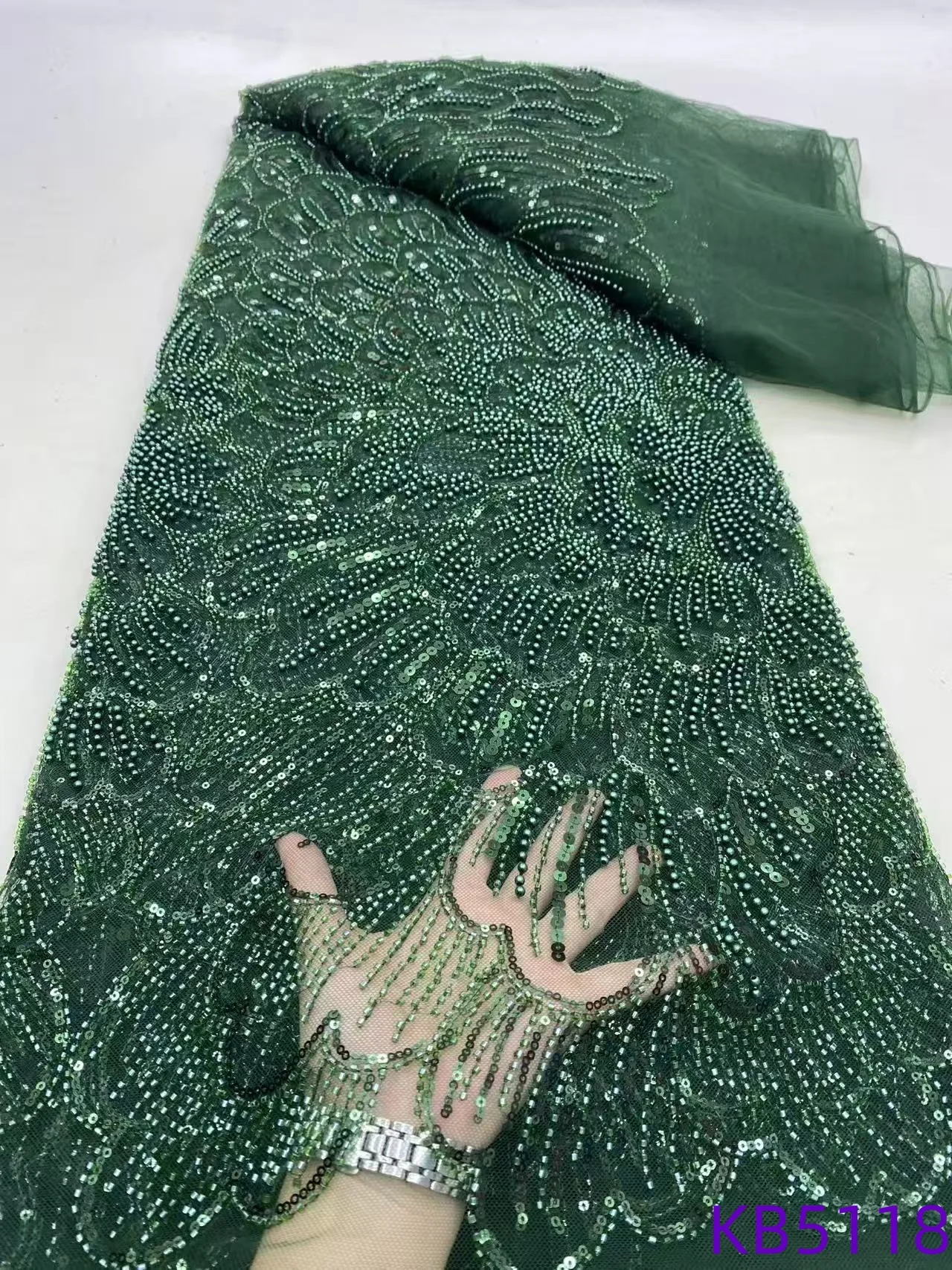 Lantejoulas tule renda malha francesa tecido de renda africana 5 metros alta qualidade 2025 azul real tecido renda frisada para costura kb5121