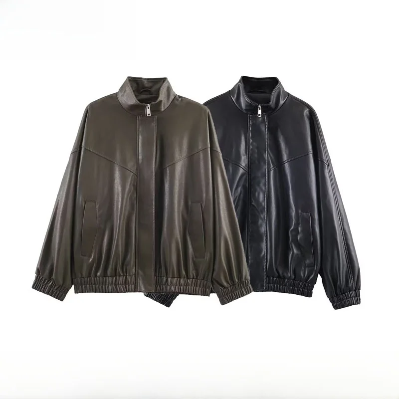 

Faionable Pilot Jaet Outerwear Women's Autumn Winter New Arrival Stand Collar Faux Leather Warm Long Sve Zipper Closure