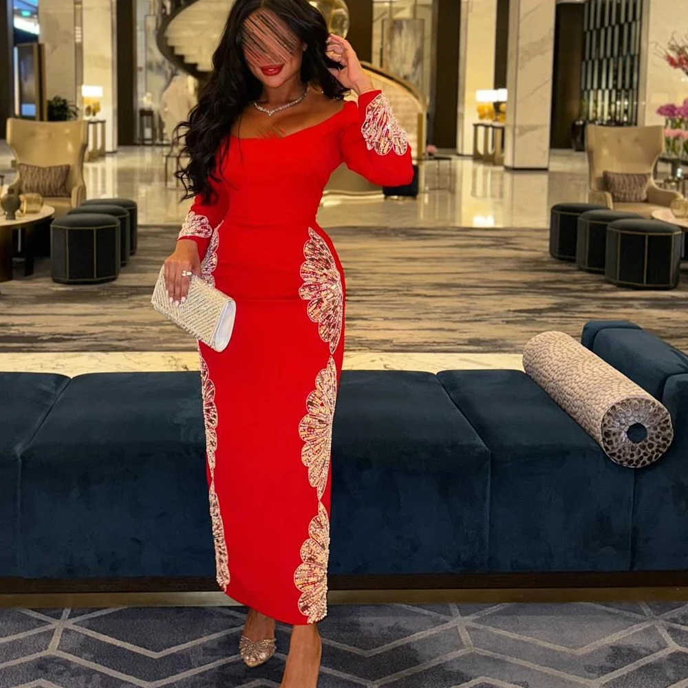 

CustomizedFashion Straight Ankle Length Scoop Jersey Long Sleeves Pleats Evening Dress High Quality Photo Color vestidos para mu