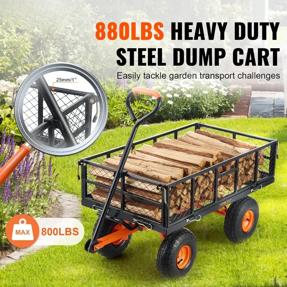 880lbs Steel Garden Dump Cart, Heavy Duty Yard Dump Wagon Utility Wagon Pullable Handle, Utility Liner, 10in All Terrain Wheels