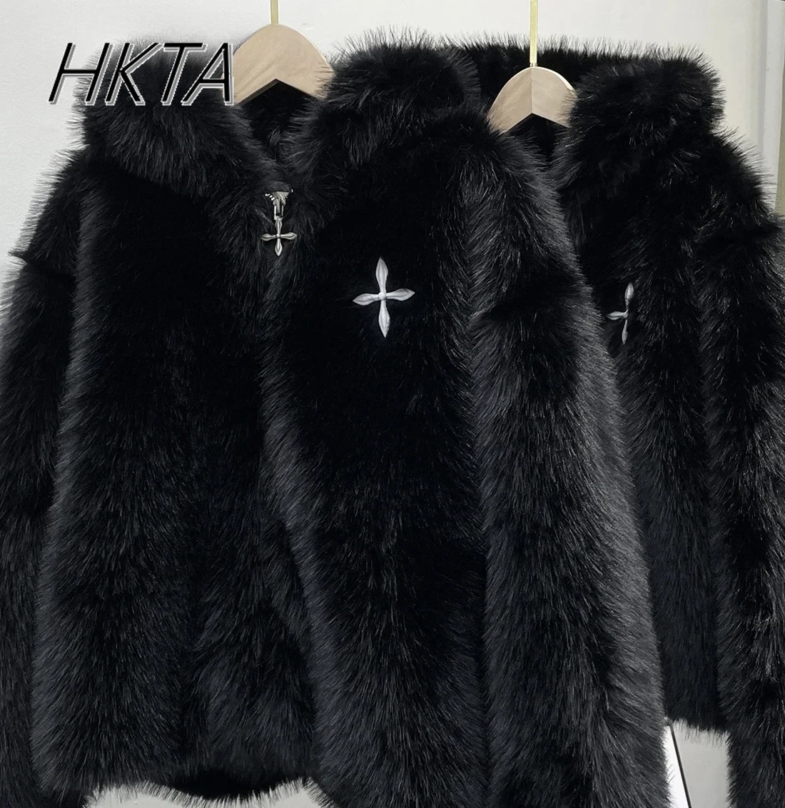 Y2K Imitation Fur Black Plush Coat Winter New Loose Warm Thick Hooded Fur Coats Women Niche Fashion Sweet Commute Furry Jacket