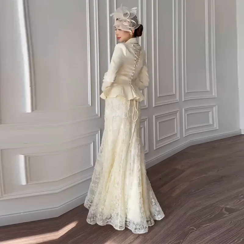 Skirt Suit Women Eid Coat Long Skirts 2 Piece Set Single Breasted Jacket Muslim Lace Ensemble Ramadan Dubai Party Outfits 2026