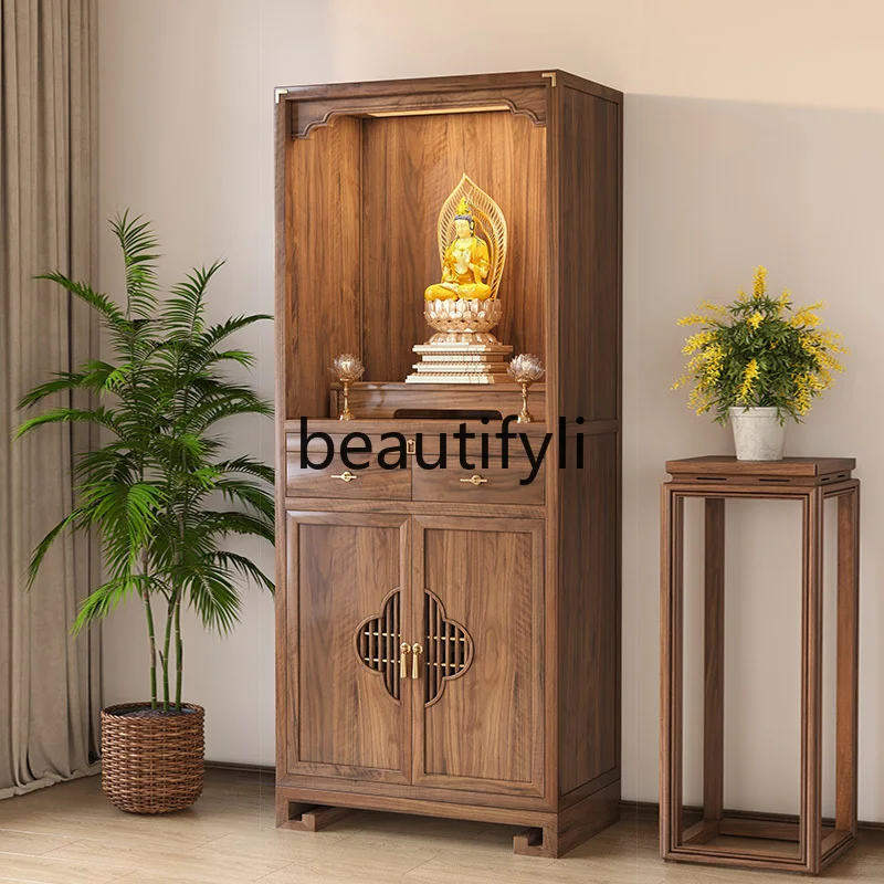 

Black walnut shrine New Chinese vertical cabinet Modern solid wood shrine with door Shrine dedicated to the God of Wealth