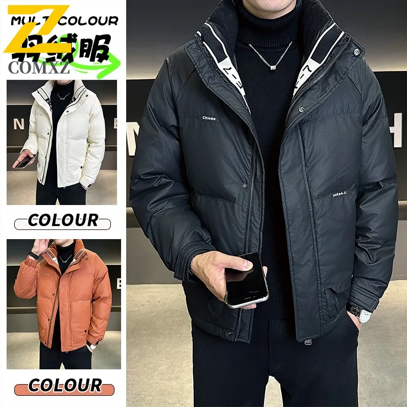COMXZ 2025 Winter Couple Solid Color Stand Collar Down Jacket Men Women Thickened Warm Trendy White Duck Feather Parka Coat