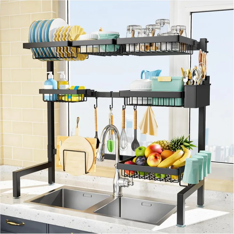 

3 Tiers 6 Baskets Over The Sink Dish Drying Rack Extendable (24.8 "-35.4"), Large Dish Drying Rack, Kitchen Cutlery Drainer