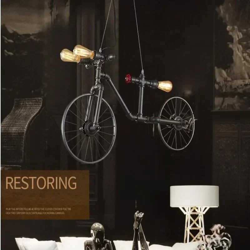 Vintage American Style Bicycle Pendant Light Industrial Loft Hanging Lamp E27 220V Water Pipe Lighting Fixture for Decor