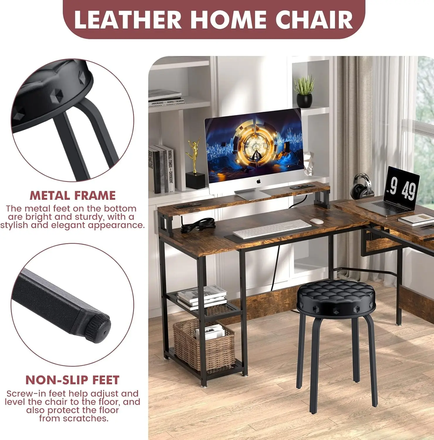 Modern Stackable PU Leather Stool Set of 2, Backless Round Design with Metal Legs for Kitchen, Dining Room, Party, Black