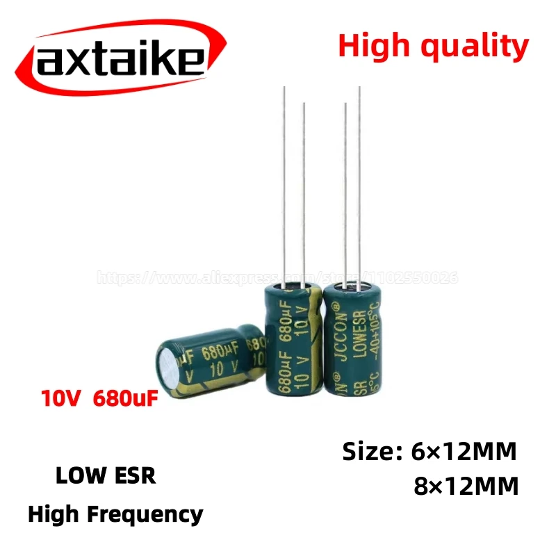 

50PCS 10V680uF Aluminum Capacitor, High Frequency Low ESR 105°C Radial for Power Supply/Solar Inverter Size: 6×12MM 8×12MM