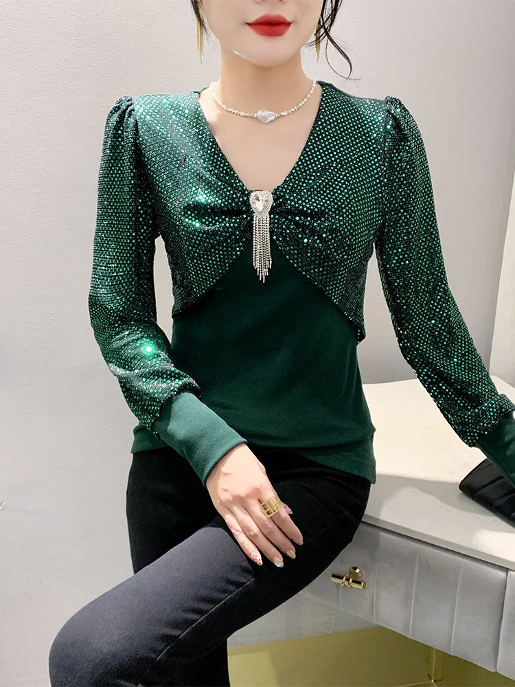 #7955 Black Purple Green Shinny Sequined T Shirt Women V-neck Split Joint Long Sleeve T Shirt Sexy Club Streetwear Tee Elastic