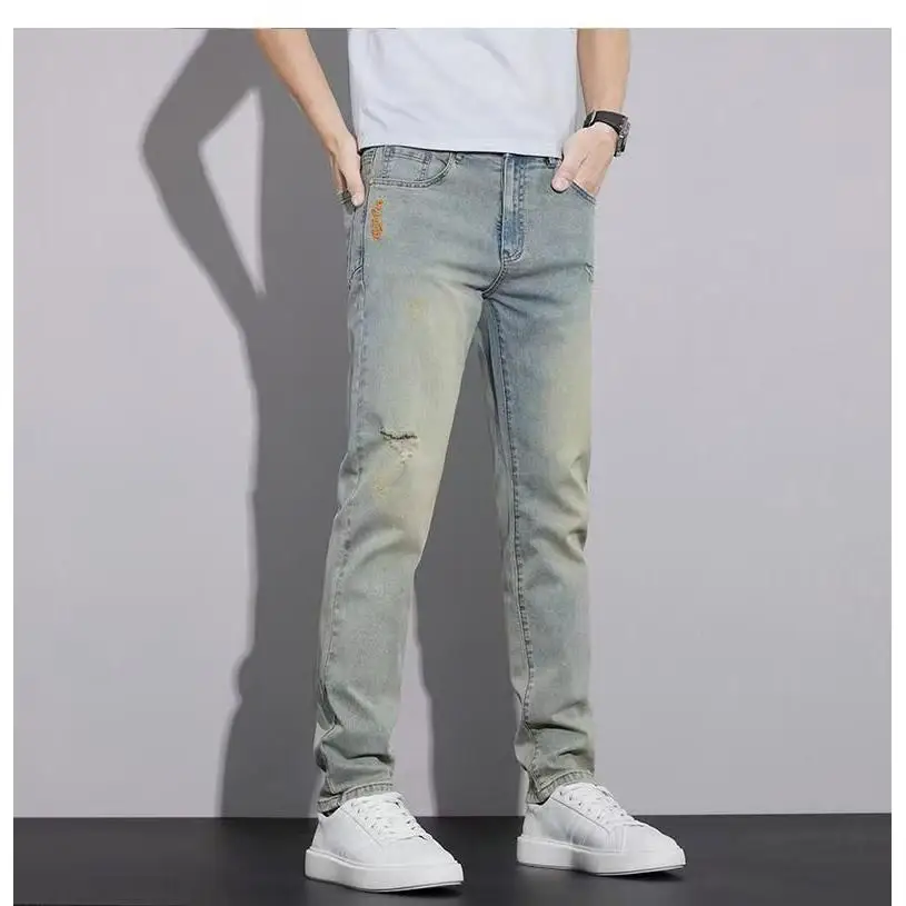 

Men's Slim Fit Denim Jeans Summer New Sle Faion Brand Hole Punching Waed Casual Versatile Elastic Ankle-Length Pants