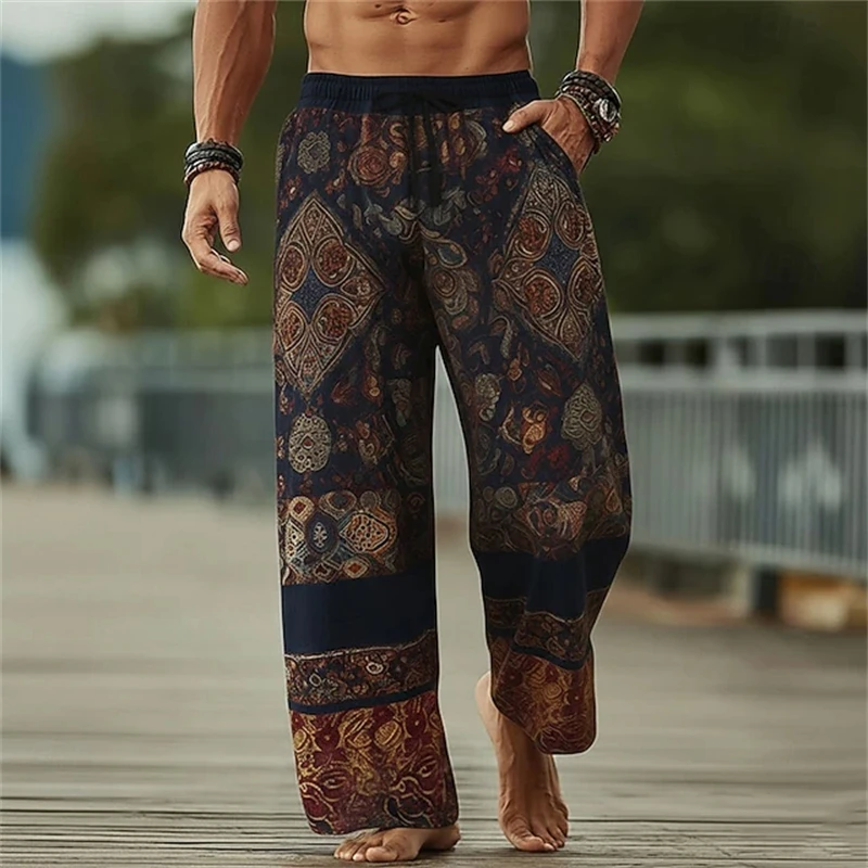 Men's Retro Ethnic-Print Drawstring Wide-Leg Pants Casual Loose-Fitting Long Pants Perfect for The Beach and Everyday Wear