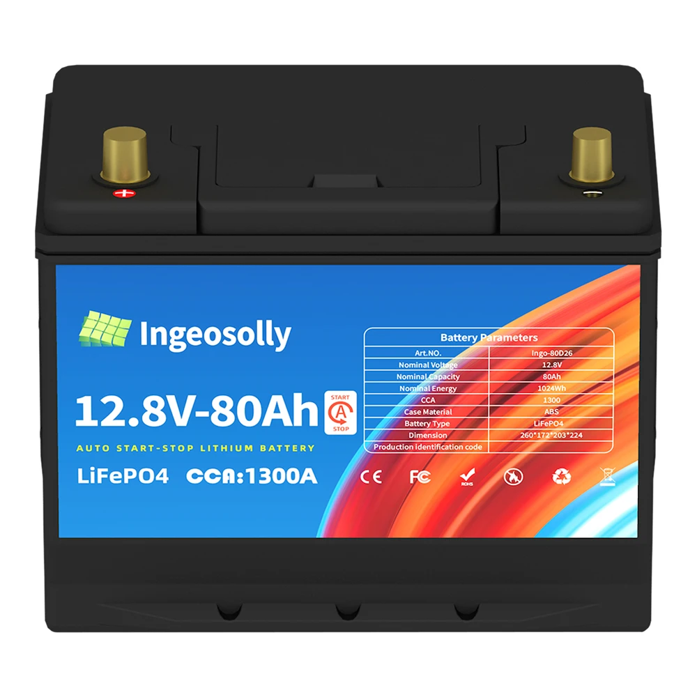 EU/US Stock 12V 80AH LiFePO4 Lithium Car Battery 1300CCA Starter Battery Built in BMS for Car Audio and Automotive Replacement