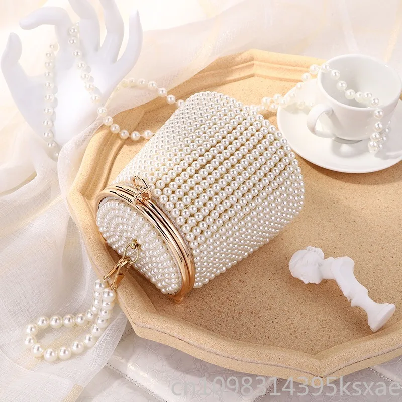 Pearl Bucket Bag Mini Beaded Top Handle Elegant Evening Purse Handmade Unique for Women Party Wedding Gift