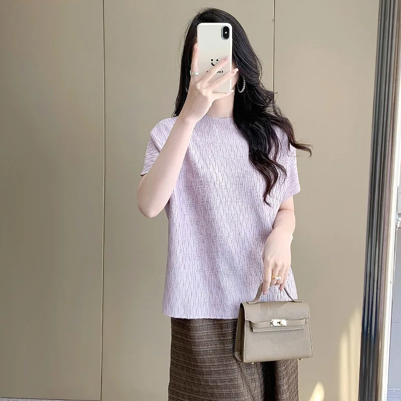 Pleated T-Shirt 2026 Summer Non-Iron Breathable Pleated Short Sleeve Top Plus Size Women Casual Lightweight Soft Clothing