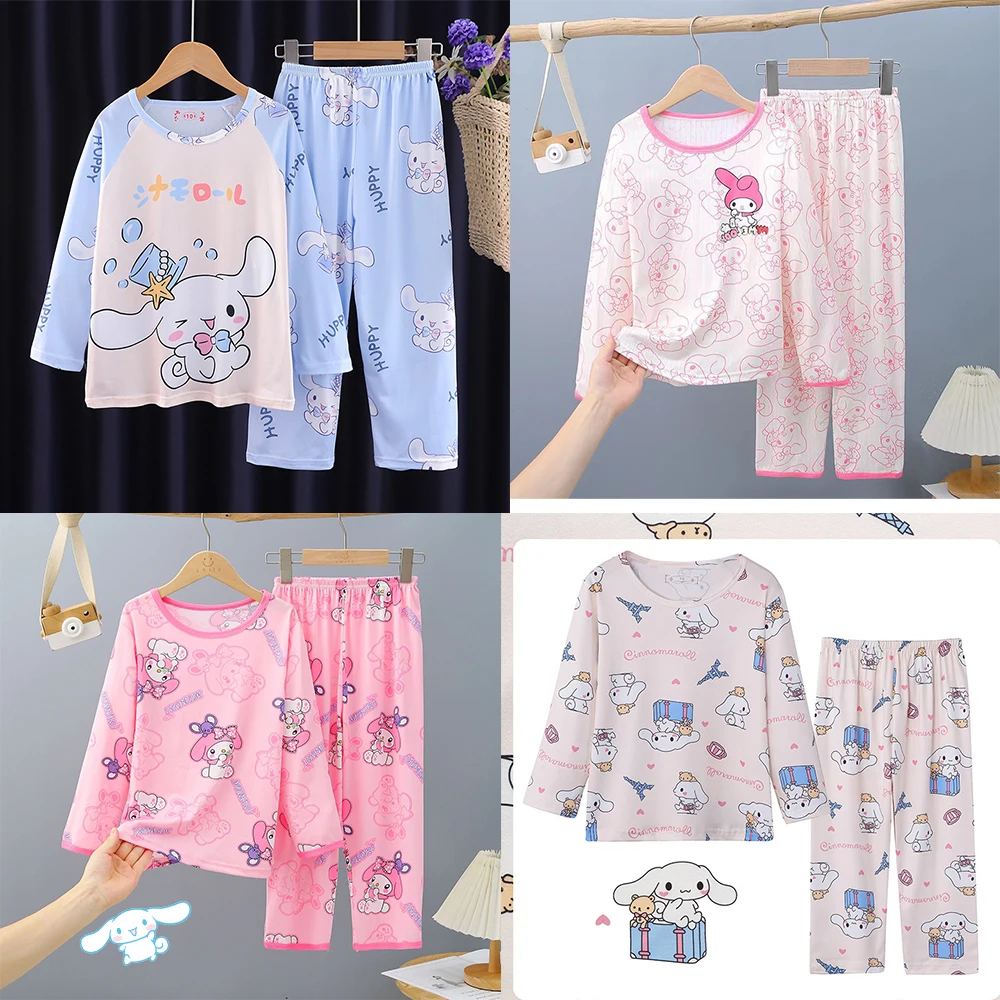 

2Pcs Kawaii Cartoon My Melody Children Girls Boys Pajamas Set Cinnamoroll Sanrio Long Sleeves Round Neck Comfort Loose Home Wear