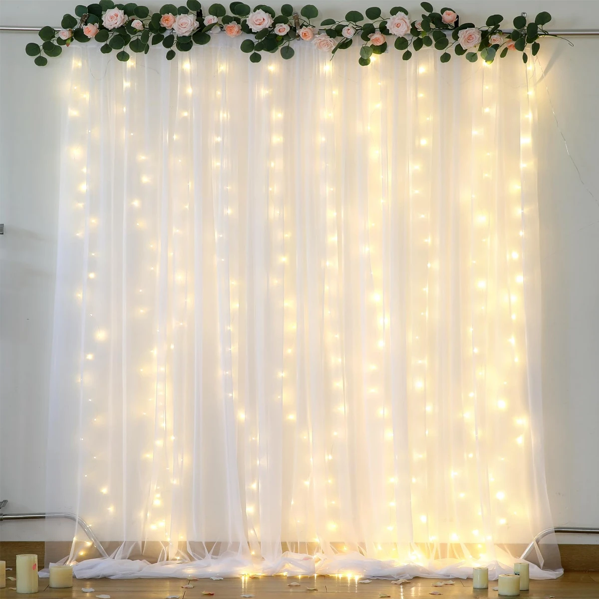 Mesh Curtain Garland with Warm Light String Rustic Wedding Decor for Home Christmas Baby Shower Birthday Party Supplies Backdrop