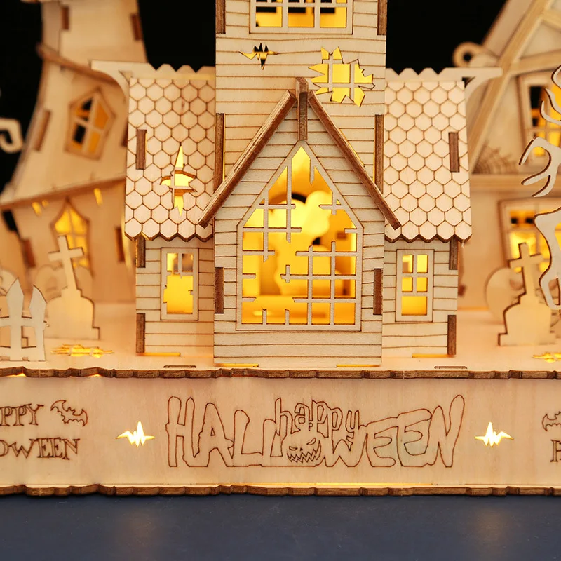 3D Wooden Puzzle Halloween Haunted House Ghost Tree Light DIY Building Model Kit Craft Desk Decoration Toys For Kids Gift