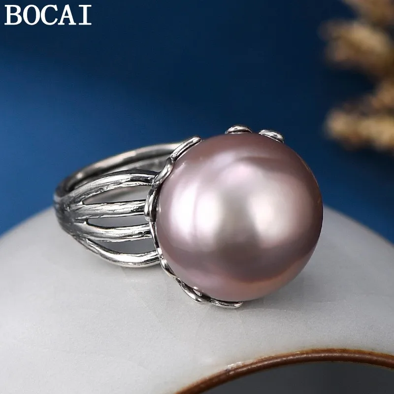

BOCAI S925 Sterling Silver Charms Rings for Women New Fashion Hollow Flowers Inlaid Round Pearl Palace Style Jewelry