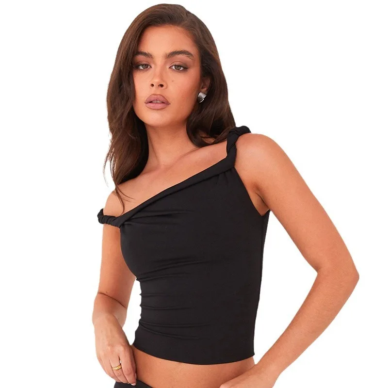 

Y2K new women solid color slim and fashionable twisted shoulder strap with one-length sleeveless suspender sexy backless T-shirt