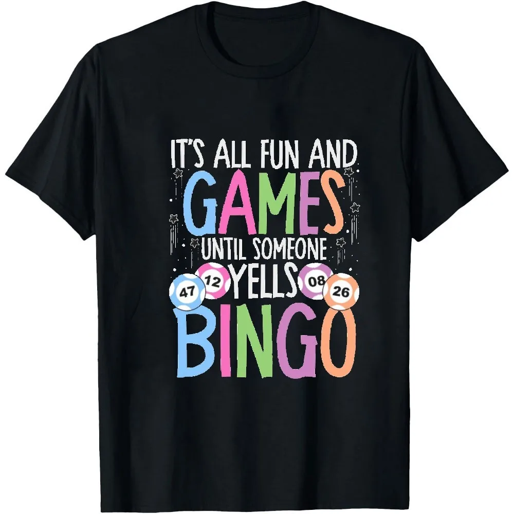 Bingo Squad Short Sleeve Tee It's All Fun and Games Until Someone Yell Bingo Pastel Color Letter Bingo Balls Print Summer Tops