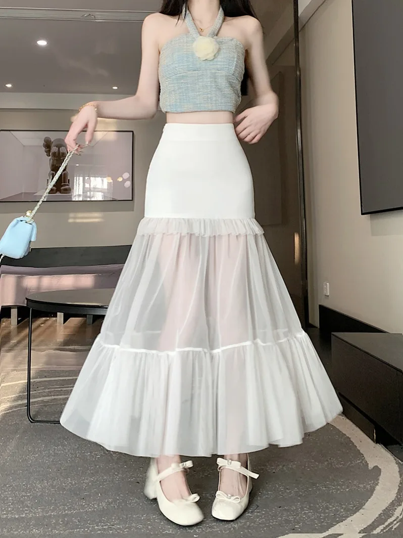 

Summer new Korean version patchwork mesh long skirt design sense French lace slim fit wrap hip skirt half skirt