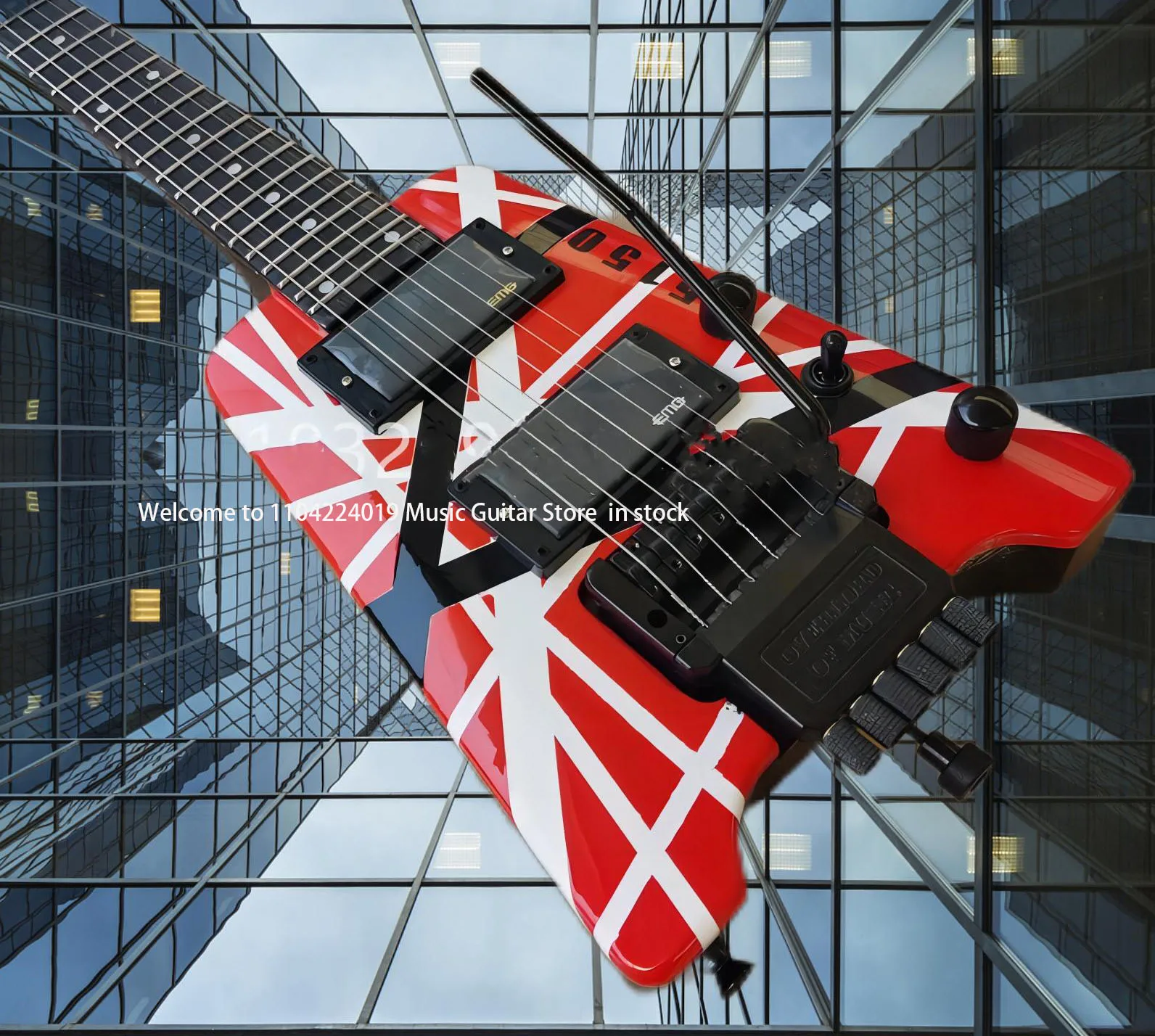 Clearance 5150 Red White Black Strips Headless electric guitar EddieEdward VanHalen EMG Pickups Tremolo Bridge Black hardware