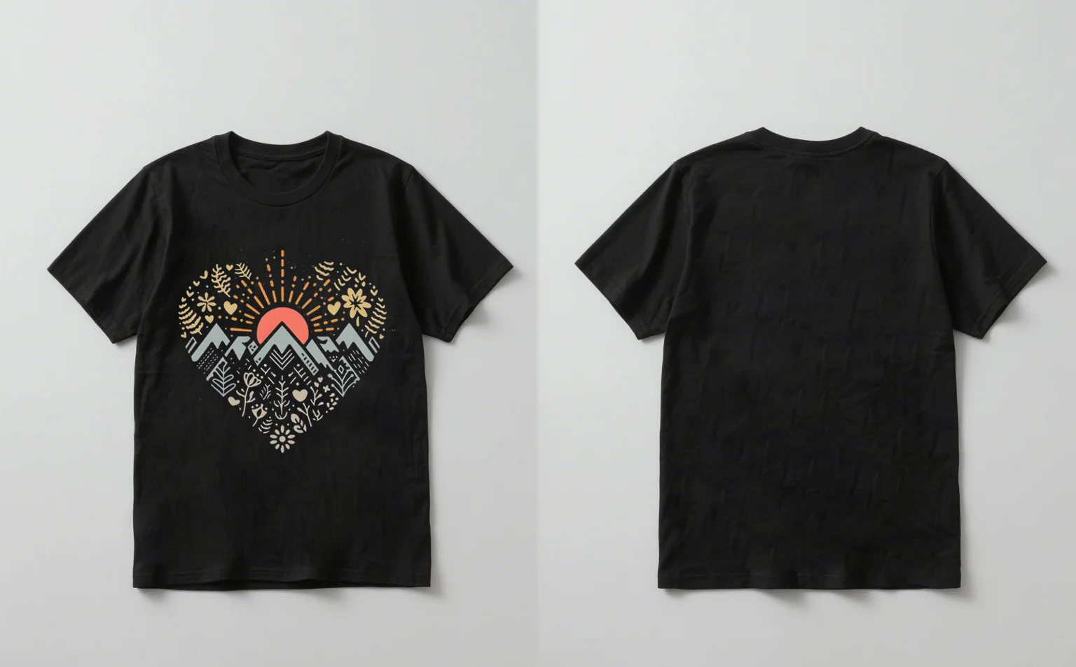 

2025 New Trendy Heart Shaped Mountain Sunset Print Short Sleeve Casual Unisex