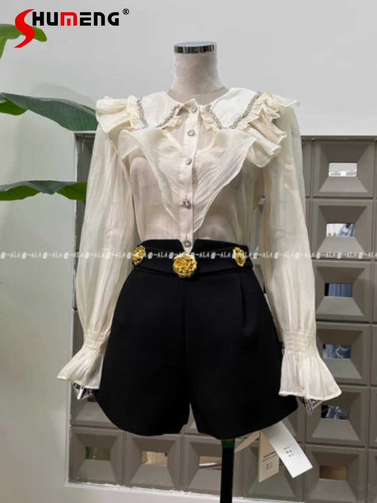 2025 Early Spring Women's Light Luxury Diamond Lotus Leaf Edge Shirt High Waist Gold Flower Suit Shorts Women's Chic Shorts Sets