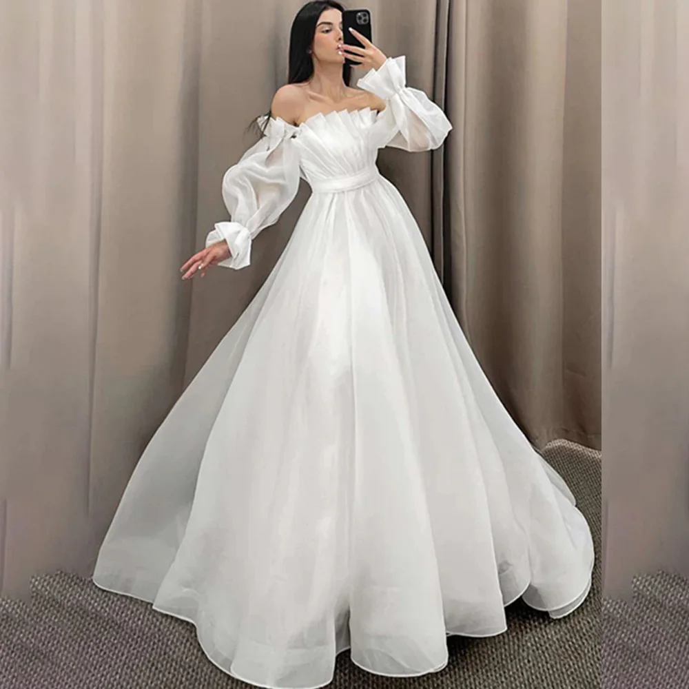 فستان الزفاف Boat Collar Chiffon A-line Ruffles Wedding Dress for Women with Removable Sleeve Backless Court Wedding Gown