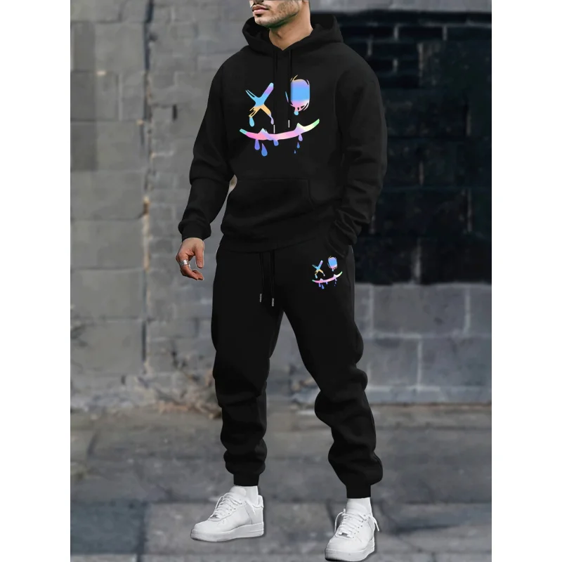 

Smiley Face Print Men'S Versatile Trendy Long-Sleeve Hoodie And Casual Pants Set，Spring And Autumn Outdoor Hooded Sweatshirt