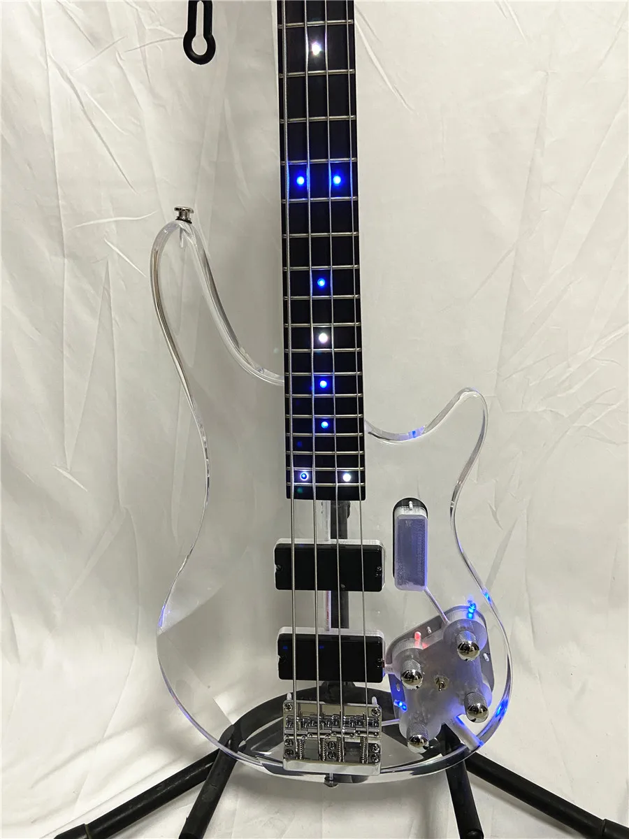 Crystal Acrylic Body 4 String Electric Bass Guitar Active Pickups with LED lights flashing Professional Bass Guitar