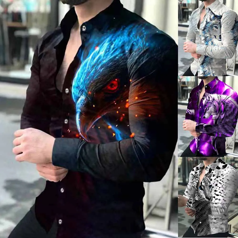 Blusa con estampado de animales para hombre, ropa de calle ajustada de talla grande, estampado 3D Digital, gradiente de moda para verano y otoño