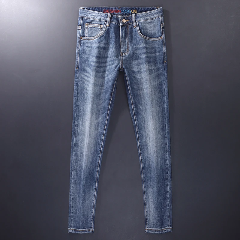 Retro Washed Blue Slim Fit Jeans for Men High-Quality Elastic Casual Denim Pants Y2K Fashion Designer Hombre