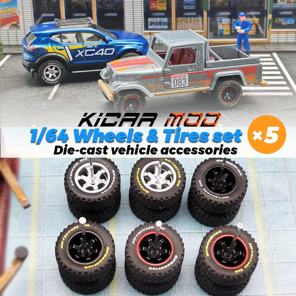 1/64 KicarMod 14mm All terrain Wheels Printed Characters Rubber Tire for Diecast Cars Hot Wheels Hobby Modified Parts 5 set/pack