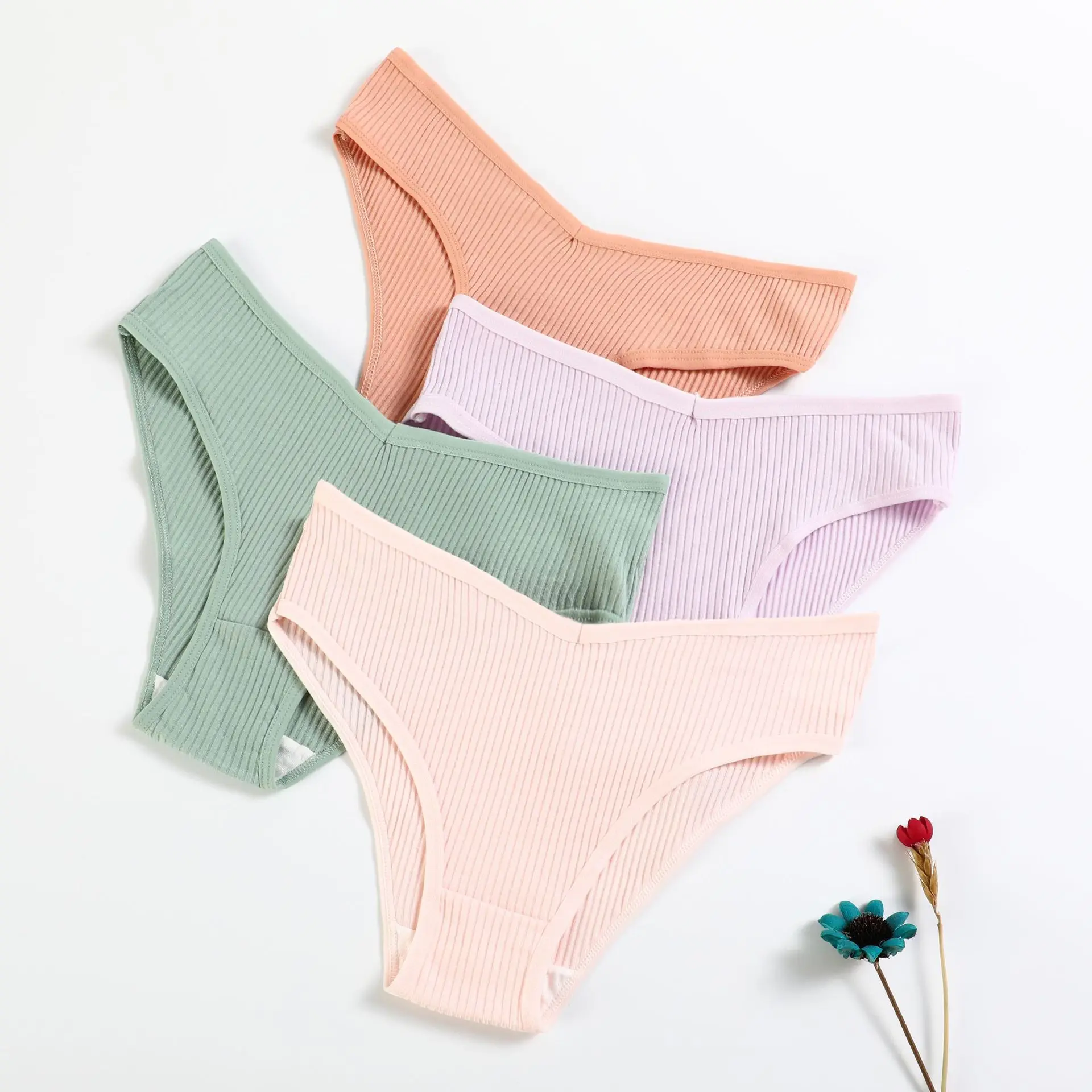 New V-type Women's Pure Cotton Threaded Briefs Solid Color Low Waist Breathable Double Layer Girls' Underwear Panties Women